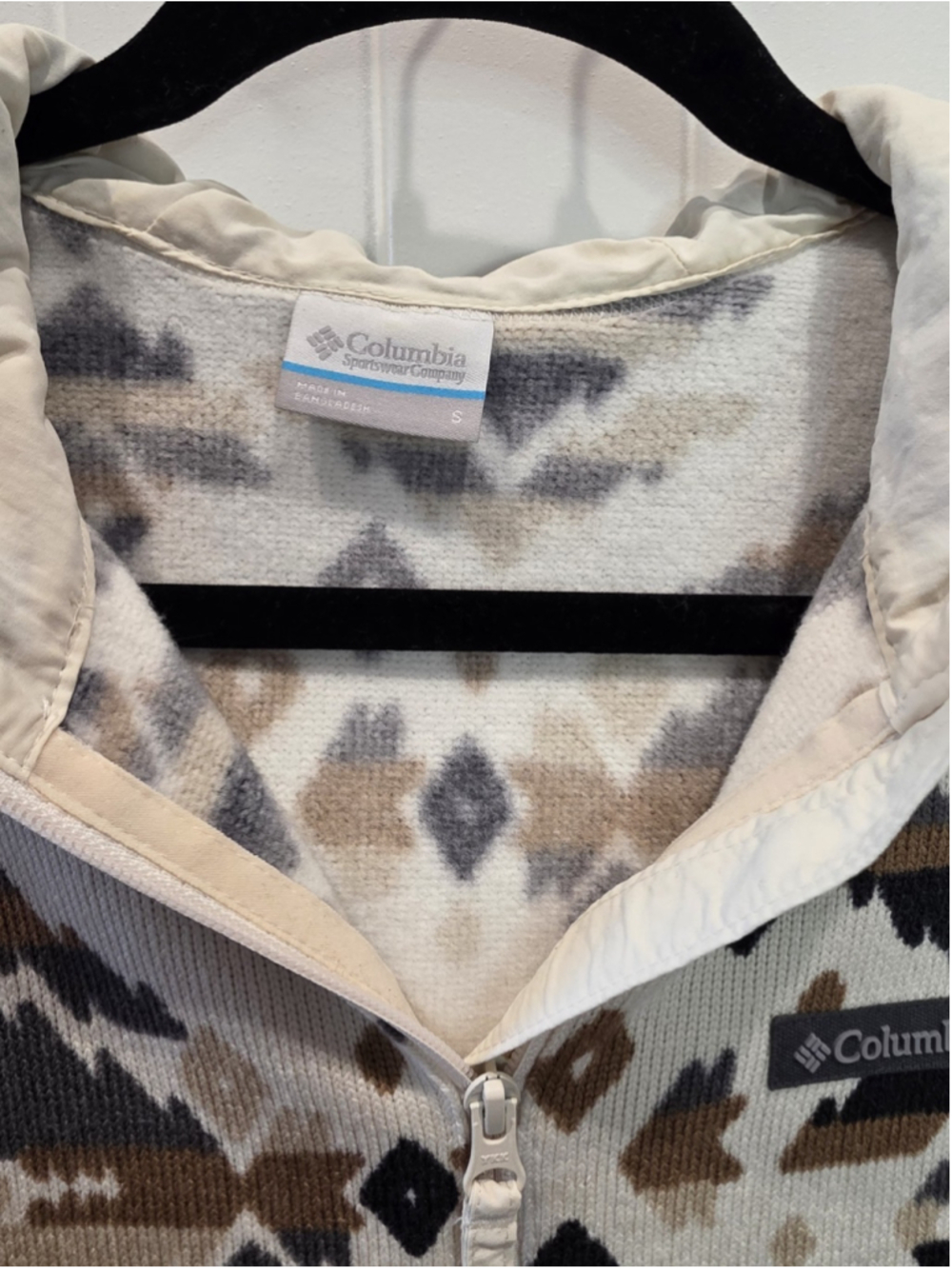 Columbia Sweater Weather Fleece Hooded Quarter Zip Sz S Cream Aztec Outdoor Hike - Picture 13 of 14